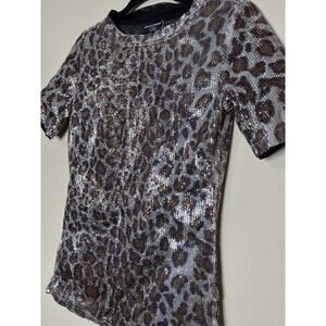 VTG Oleg Cassini Platinum Collection Sequin Shirt Sz XS Cheetah Leopard Print
